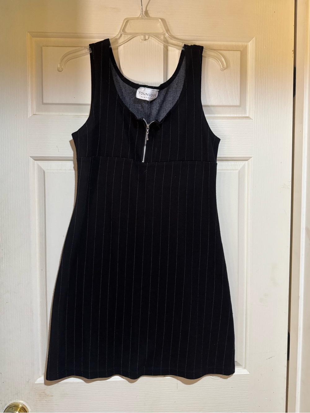 Younique Black Pinstripe Sleeveless Zip-Front Mini Dress
